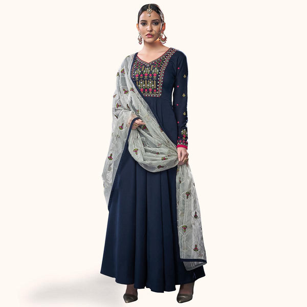 Intricate Navy Blue Colored Party Wear Embroidered Cotton Anarkali Suit
