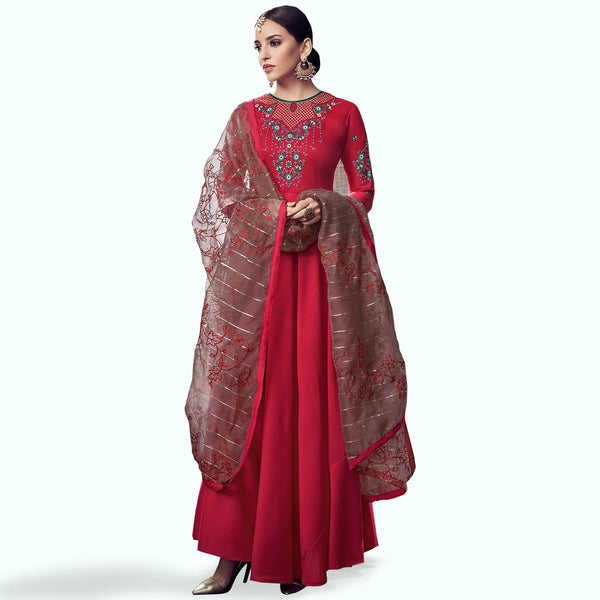 Radiant Red Colored Party Wear Embroidered Cotton Anarkali Suit