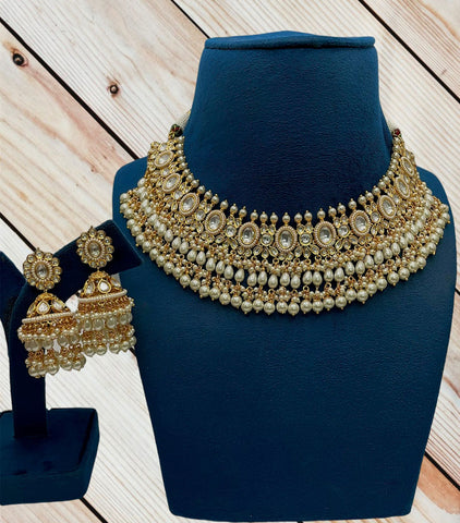 Beautiful Golden and White Color Necklace, Earrings  for Special Occasion