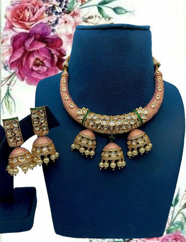 Dual Tone Tribal Golden Pink Kundan Hasli Necklace