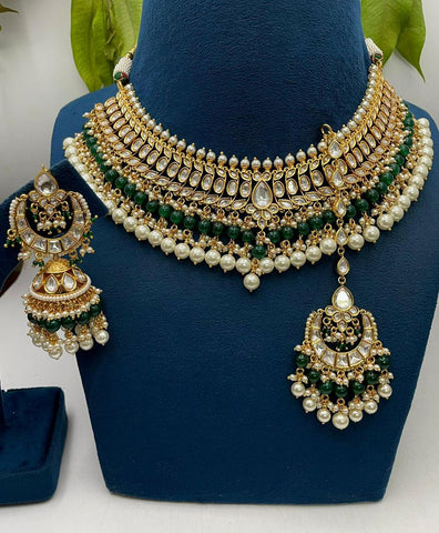 Beautiful Golden and Green Color Necklace, Earrings and Maang Tikka for Special Occasion