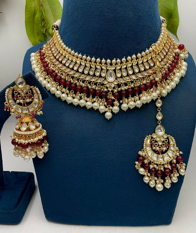 Beautiful Golden and Brown Color Necklace, Earrings and Maang Tikka for Special Occasion