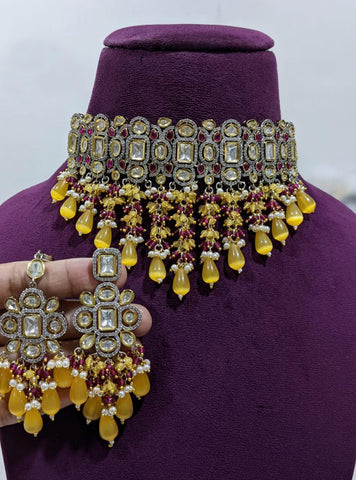 Beautiful Golden and Yellow Color Necklace, Earrings and Maang Tikka for Special Occasion