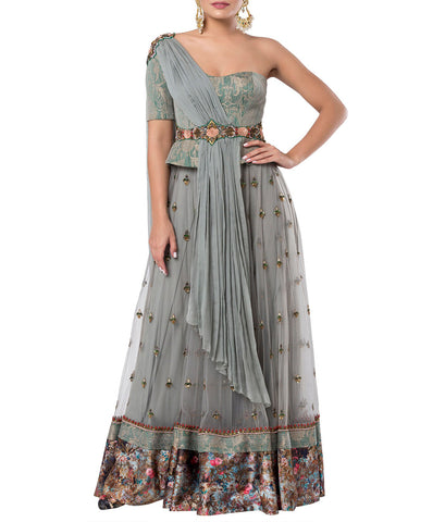 Grey Embroidered Lehenga Set with A Center Waist Belt