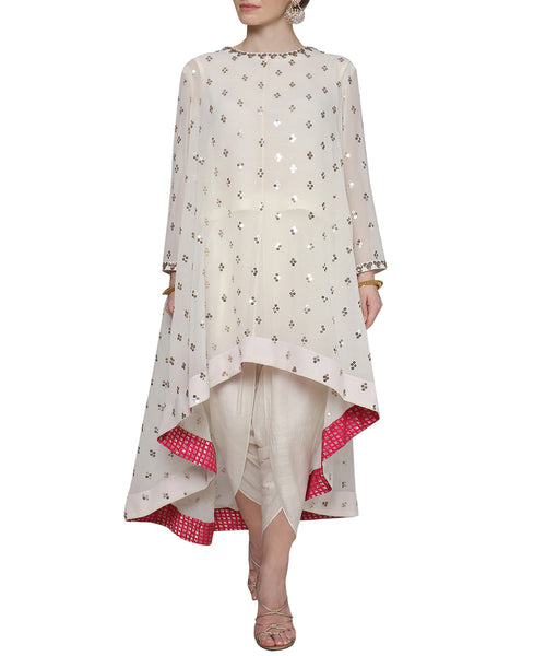 Off White Asymmetrical Embroidered Kurta with Dhoti Pants
