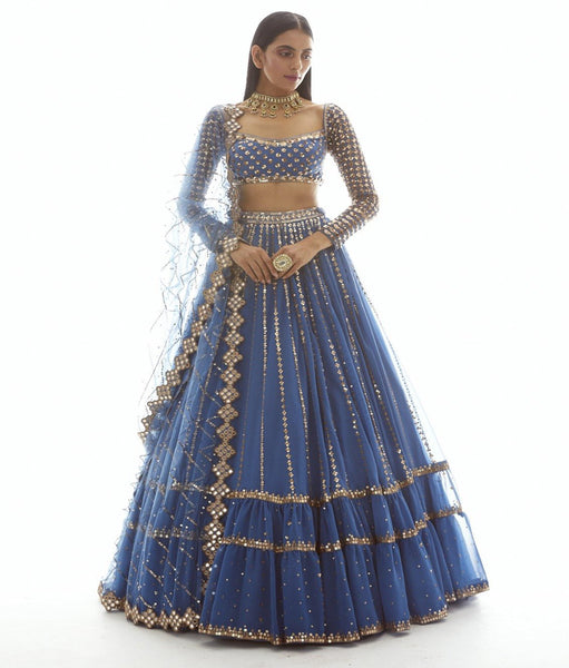 BLUE LINEAR DROP TIER LEHENGA CHOLI