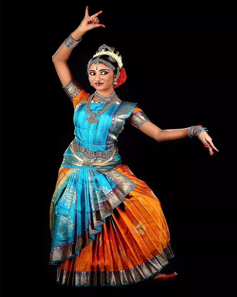 Blue & Orange Kuchipudi Silk Dance Dress – Sulbha Fashions