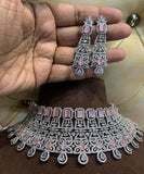 Silver and Pink Jarkan Work Necklace with Earrings