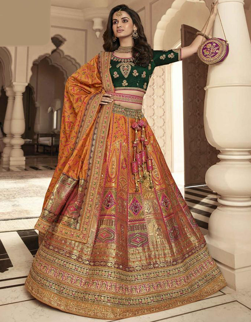 Green and Golden Embroidery Lehenga at best price in New Delhi | ID:  13645240355
