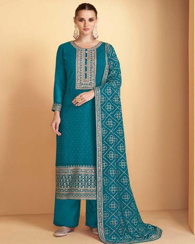 Blue Color Designer Embroidery Work Straight Palazzo Suit