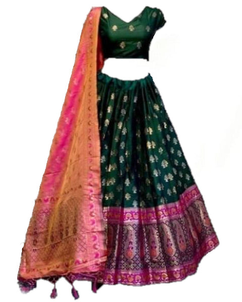 Beautiful Green & Pink Traditional Women Wedding Banarasi Lehenga choli