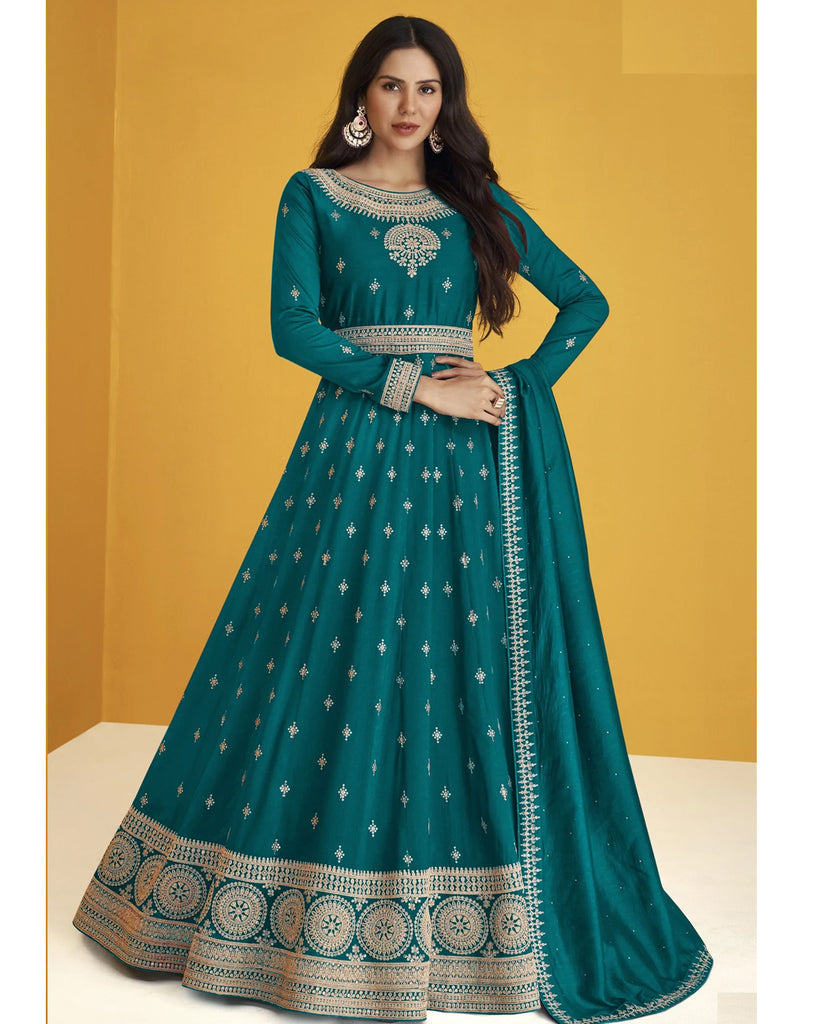 Sea Blue Color Faux Georgette With Embroidery Work Gown Anarkali Suit Sulbha Fashions Sea Blue Color Faux Georgette With Embroidery Work Gown Anarkali Suit Sulbha Fashions