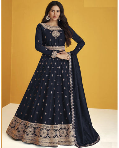 Blue Color Faux Georgette With Embroidery Work Gown Anarkali Suit