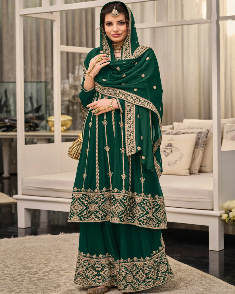 Green Color Georgette With Heavy Embroidery Work Straghit Sharara Suit Sulbha Fashions Green Color Georgette With Heavy Embroidery Work Straghit Sharara Suit Sulbha Fashions