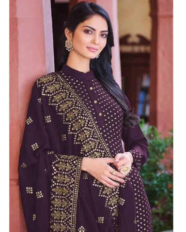 Purple color Woman's Faux Georgette Heavy Embroidery Work Semi Stitch Salwar Suit