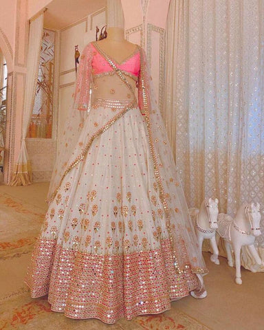 White and Pink latest lehenga design in mirror work buy now