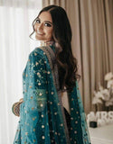 Turquoise blue color heavy bridal lehenga for wedding