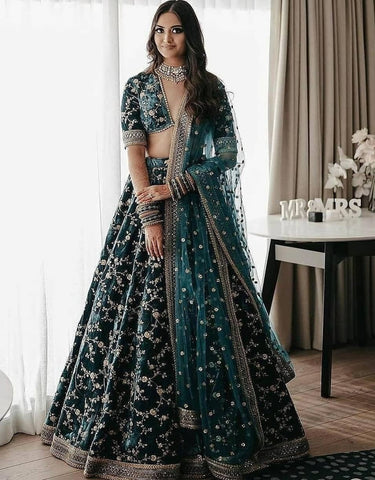 Turquoise blue color heavy bridal lehenga for wedding