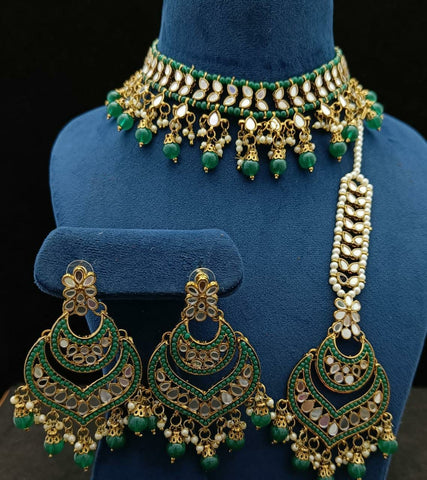 Party Wear green Jadau Kundan Necklace with Earrings