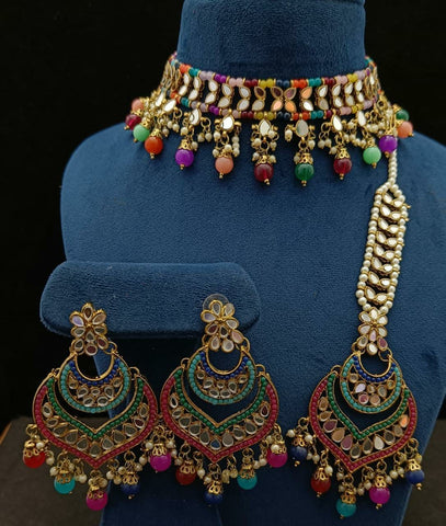 Party Wear green Jadau Kundan Necklace with Earrings
