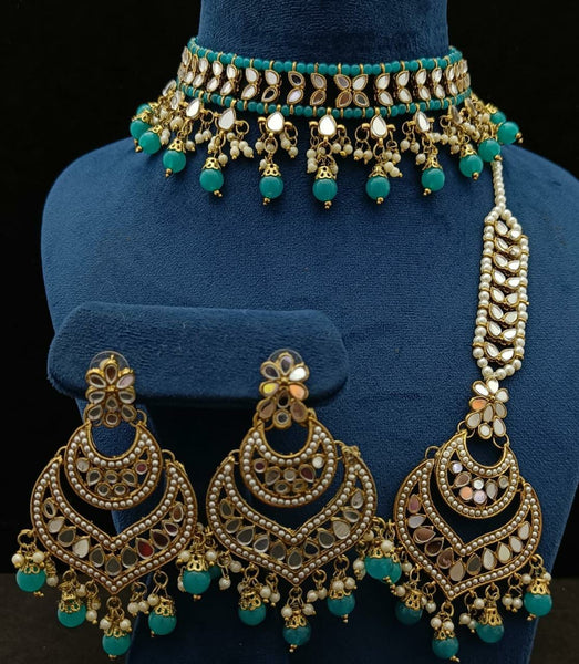 Party Wear Blue Jadau Kundan Necklace with Earrings