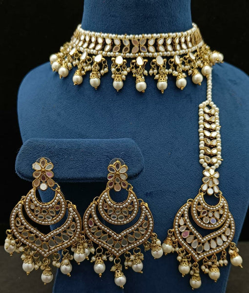 Party Wear Golden Jadau Kundan Necklace with Earrings