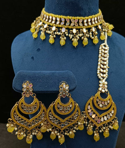 Party Wear Yellow Jadau Kundan Necklace with Earrings