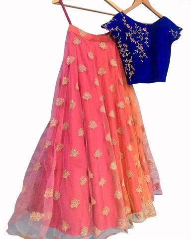 Designer Peach-Blue Color Lehenga Choli