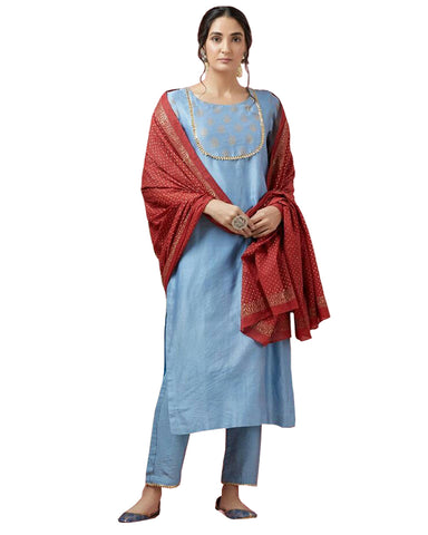 Sky Blue Gotta Embroidered Silk Suit