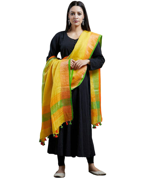 Black Color Rayon Suit With Yellow Linen Dupatta