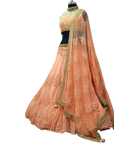 Trendy Peach Net Embroidery Work Circular Lehenga Choli
