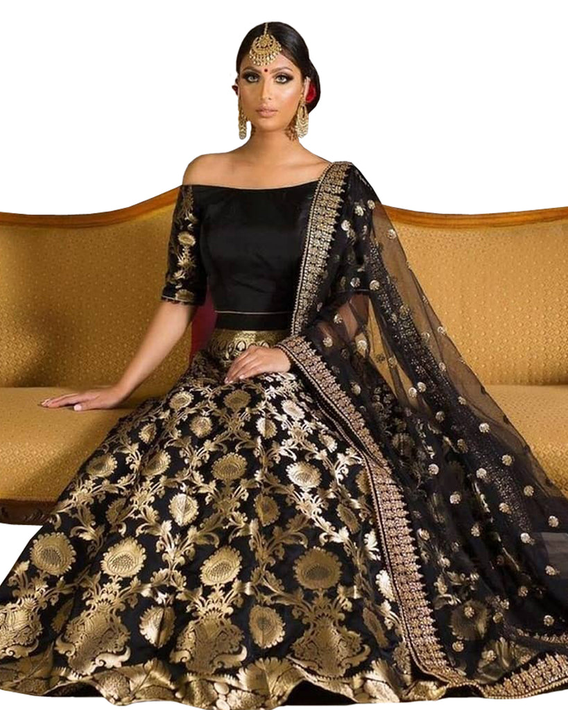 Buy Black Banarasi Silk V Neck Embroidered Lehenga Set For Women by Neha  Khullar Online at Aza Fashions.