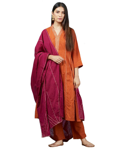 Orange Gotta Embroidered Cotton Kurta
