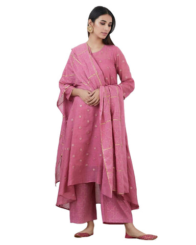 Light Pink Mirror Embroidered Cotton Kurta