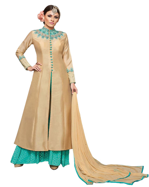 Beige And Turquoise Colour Designer Embroidered Party Wear Silk Palazzo Suits