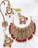 Gorgeous Golden and Red Color Premium Quality Reverse AD Stone with Mehndi Polished Bridal Necklace and Jhumka