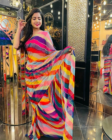 Beautiful Multi Color Soft Georgette Leriya Print Saree with Sequins Work