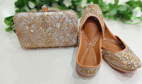 Beautiful Light Brown Color Pure Leather Hand Embroidery Work with Double Cushion and Extra Mirror Work Punjabi Jutti