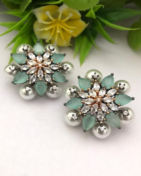 Dazzling Metallic White and Light Green Color Earrings with Sublime Small Pearls for Special Occasion