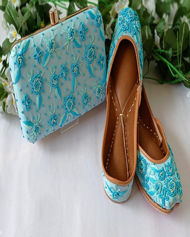 Beautiful Light Blue Color Handcrafted Intricately Designed Jutti and Purse Combo