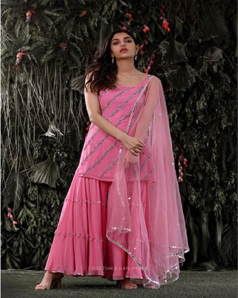 Light Pink Color Georgette Satin Sharara Style Salwar Suit with