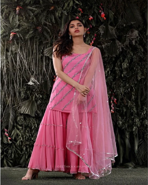 Light Pink Color Georgette Satin Sharara Style Salwar Suit with Sequins Work
