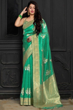 Beautiful Green Color Banarasi Silk Floral Woven Saree with Golden Touch Border and Pallu