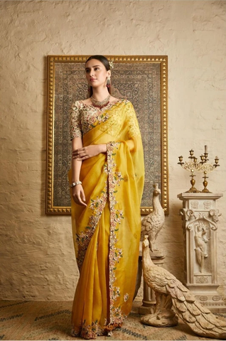Beautiful Yellow Color Rangoli Silk Designer Saree with Sequins and Thread Work