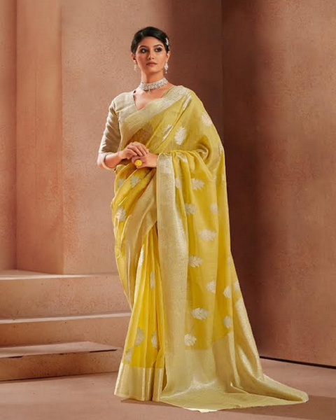 Lovely Yellow Color Modal Silk Saree and Blouse with Silver Zari Weaving for Special Occasion