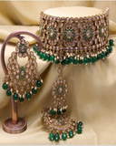 Attractive Golden Color Premium Quality Full AD Stone Choker Necklace, Earrings and Matha Tikka with Beautiful Green Color Pearls on both Necklace and Earrings for Special Occasion