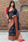 Beautiful Prussian Blue Banarasi Silk Traditional Saree with Red Border and Pallu