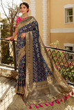 Beautiful Navy Blue Banarasi Silk Floral Jaal Woven Saree with Elephant Motifs Border and Double Blouse