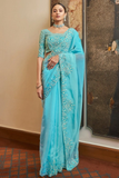 Beautiful Sky Blue Organza Saree with Sequins Work