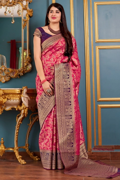 Beautiful Pink Color Banarasi Silk Traditional Floral Woven Saree with Contrast Border and Pallu